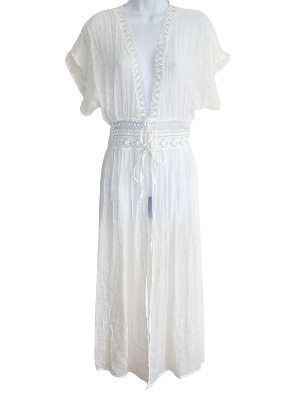 REBELLION White Lace Crochet Beach Cover Up Kimono Duster Tie Front - Picture 2 of 10